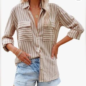 OMSJ Women's Striped Button Down Shirts brown